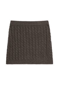 Cable-knit mini skirt in dark brown, featuring a textured pattern and a ribbed waistband for a fitted look.