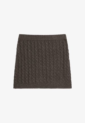 Cable-knit mini skirt in dark brown, featuring a textured pattern and a ribbed waistband for a fitted look.
