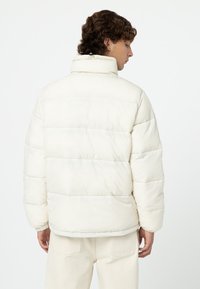 Chaqueta tipo plumón blanca con paneles cosidos horizontalmente, cuello alto y puños elasticados. Textura suave con un diseño de corte relajado.