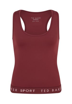 Sarkans sporta tērps no elastīga auduma. Tam ir apaļa izgriezuma kakla daļa un aizmugurē racerback dizains. Uz jostas vietas ir logotips un zīmola nosaukums.