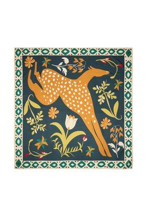 Pomaranczowoszary jeleń skaczący wśród różnych stylizowanych kwiatów na ciemnoniebieskim tle z turkusowo-kremową geometryczną ramką.