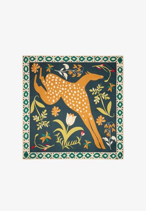 Pomaranczowoszary jeleń skaczący wśród różnych stylizowanych kwiatów na ciemnoniebieskim tle z turkusowo-kremową geometryczną ramką.