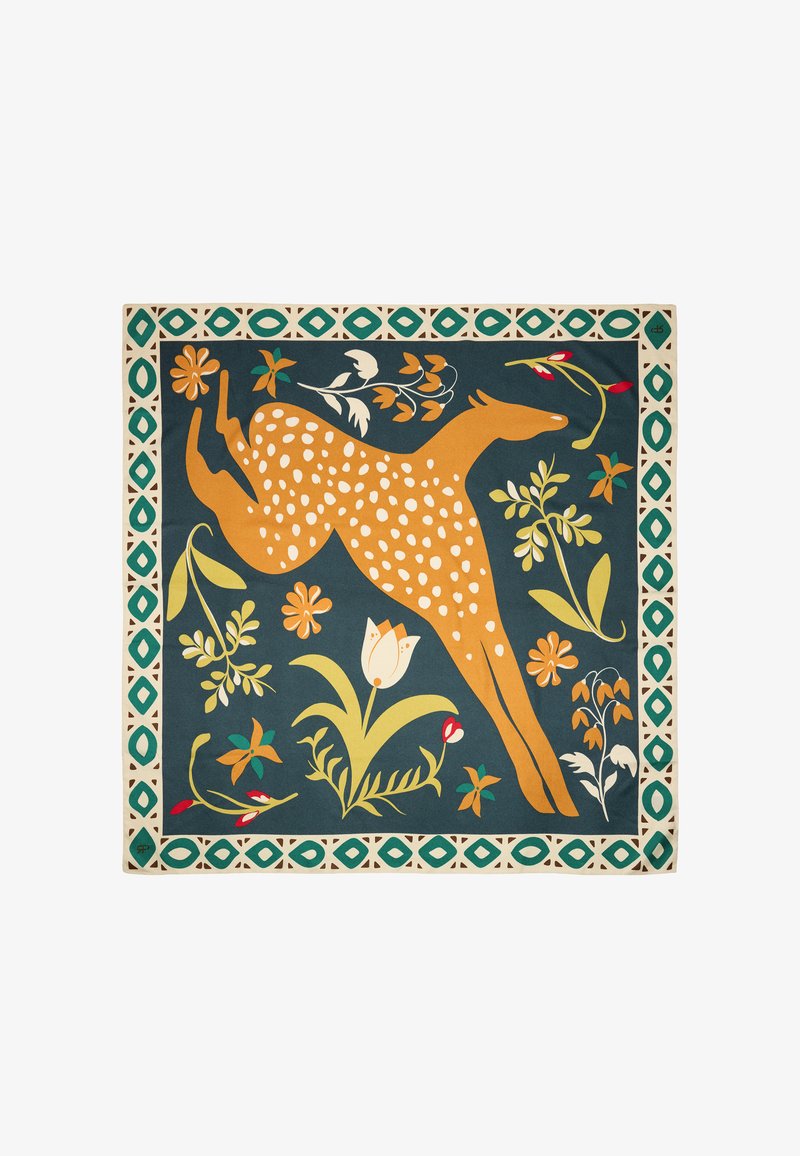 Pomaranczowoszary jeleń skaczący wśród różnych stylizowanych kwiatów na ciemnoniebieskim tle z turkusowo-kremową geometryczną ramką.