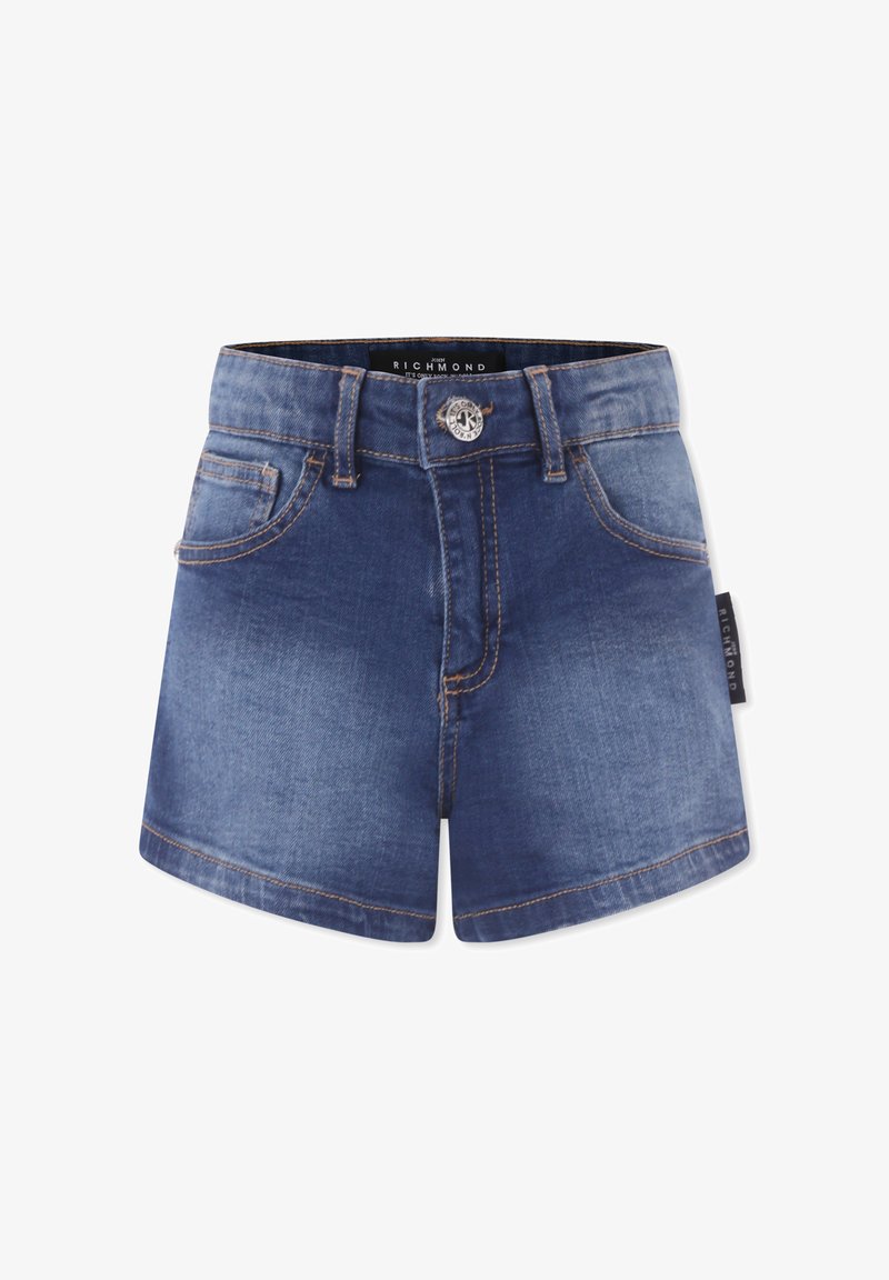 Shorts en denim avec un dégradé bleu foncé, cinq poches, des accents cousus et une fermeture à bouton. Présente une étiquette noire sur la couture latérale.