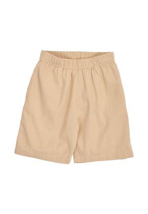 Beige loszittende korte broek met elastische tailleband, eenvoudig ontwerp en midden-dij lengte.