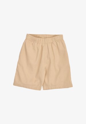 Beige loszittende korte broek met elastische tailleband, eenvoudig ontwerp en midden-dij lengte.