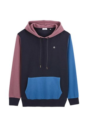 Sweatshirt à capuche en bleu marine, rose et panneaux bleus. Dispose d'une poche avant, d'un cordon de serrage et d'un petit logo sur la poitrine. Texture de tissu douce.