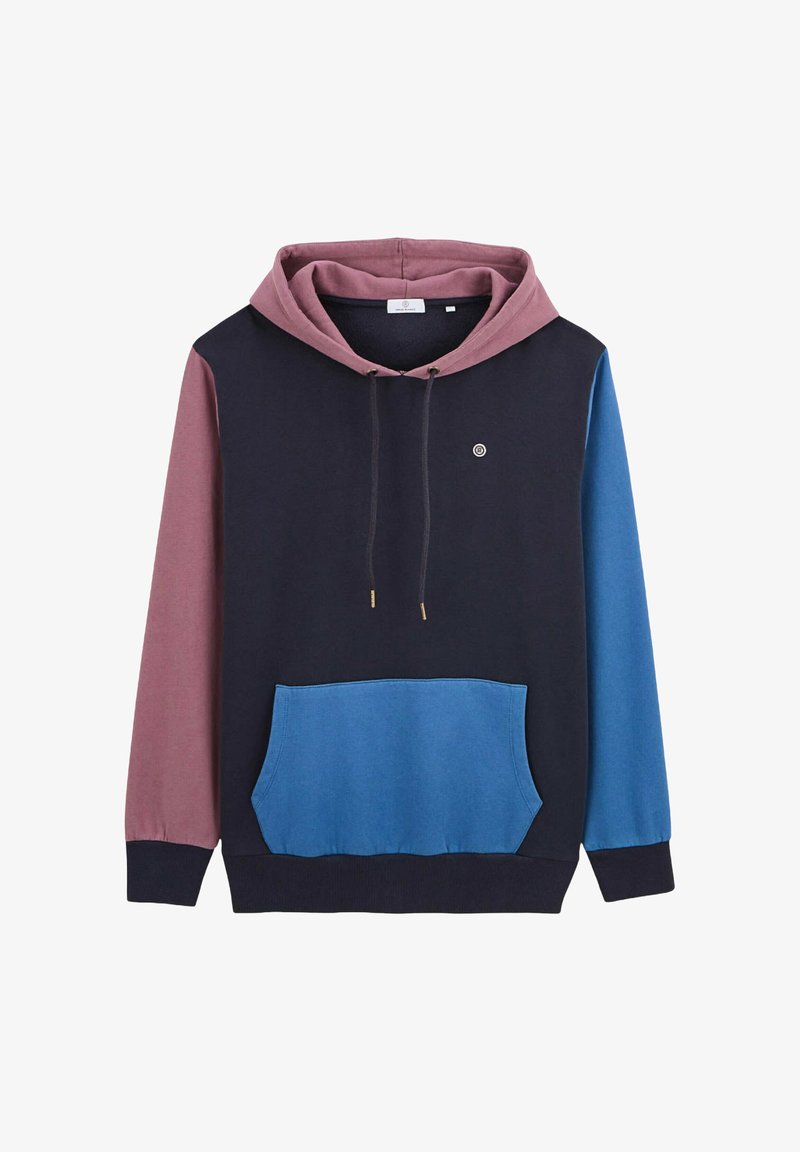 Sweatshirt à capuche en bleu marine, rose et panneaux bleus. Dispose d'une poche avant, d'un cordon de serrage et d'un petit logo sur la poitrine. Texture de tissu douce.