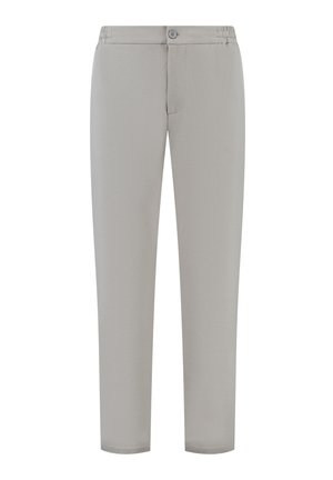 Svetlo sivi hlače z gladko teksturo, z gumbom za zapiranje, sprednjim zadrgo in zoženimi nogami. Oblikovane za udobje in vsestranskost.