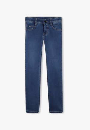 Jean classique bleu foncé coupe slim avec fermeture à boutons et zip, poches avant et arrière, et une petite étiquette "BOSS" sur la poche avant.