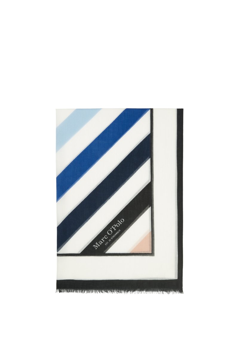 Écharpe rectangulaire avec des rayures diagonales dans des nuances de bleu, blanc et noir, dotée de bords frangés et d'un logo dans le coin inférieur.