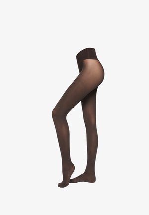 Pantys transparentes de color marrón oscuro con una cinturilla opaca; textura suave y diseño ajustado que realza la silueta de la pierna.