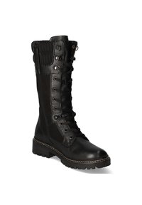 Botte haute en cuir et textile avec lacets noirs, dotée d'une semelle robuste, d'un col rembourré et d'œillets en métal.