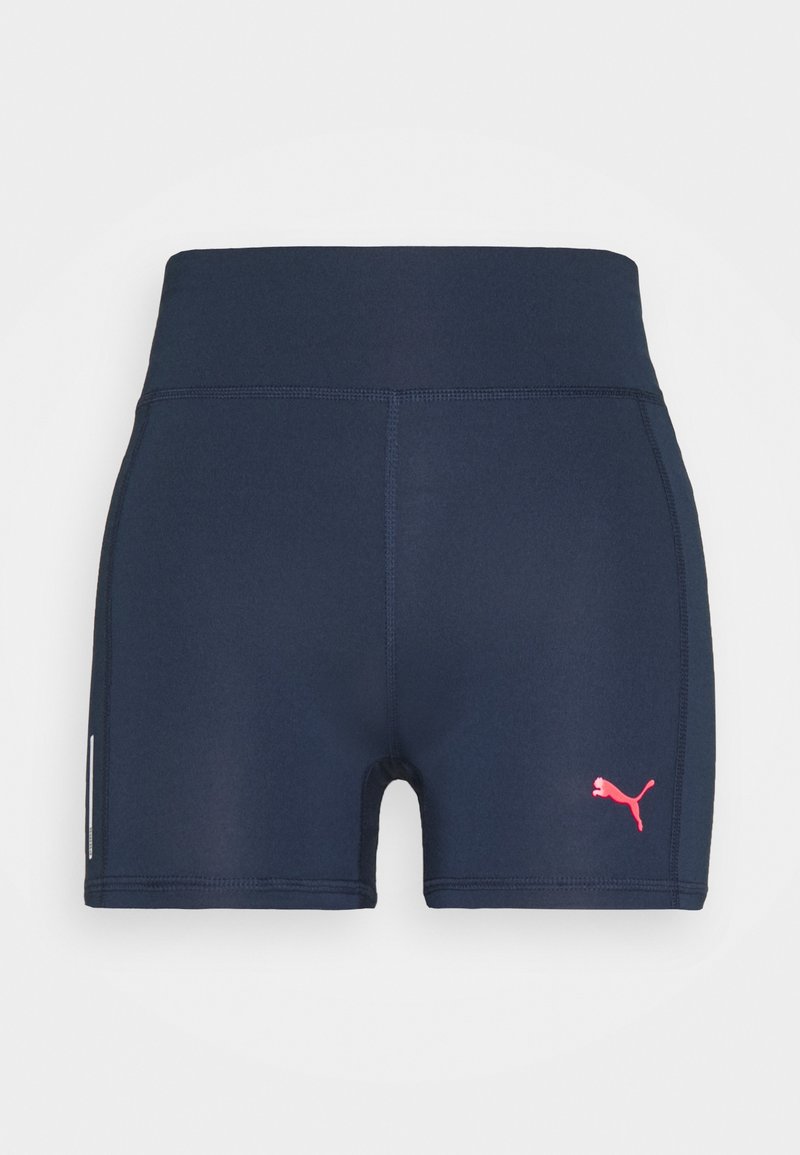 Shorts de sport navy en tissu extensible, avec une taille haute et un logo Puma rose en bas à gauche.