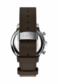 Bracelet en cuir marron avec plusieurs trous, boîtier en acier inoxydable, boutons de chronographe et une boucle en argent poli avec gravure "TIMEX".