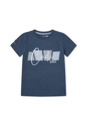 Camiseta de manga corta para niños en azul marino con bloques rectangulares grises y texto en cursiva blanca "Canada 1953" en el pecho.