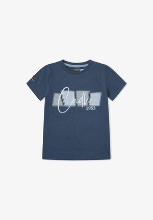 Camiseta de manga corta para niños en azul marino con bloques rectangulares grises y texto en cursiva blanca "Canada 1953" en el pecho.