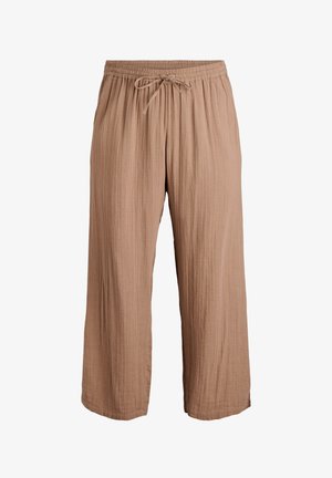 Beige weit geschnittene Hosen mit elastischem Bund und Kordelzug, ausgestattet mit einem leichten, strukturierten Stoff und lockerem Schnitt.