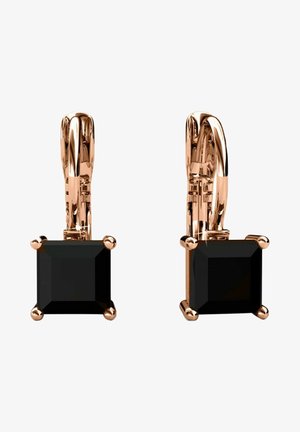 Orecchini a cerchio in oro rosa con accenti di pietra nera quadrata in una montatura a quattro griffe. Finitura liscia con superfici riflettenti.