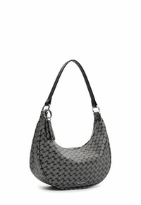 Harmaa kuviollinen hobo-laukku, joka on valmistettu synteettisestä materiaalista. Laukussa on tyylikäs kaareva muoto, musta olkahihna ja hopeiset yksityiskohdat.