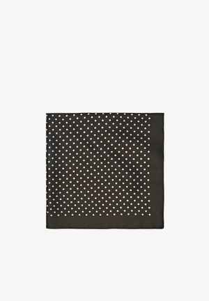 Black square scarf with evenly spaced small white polka dots covering the entire surface.