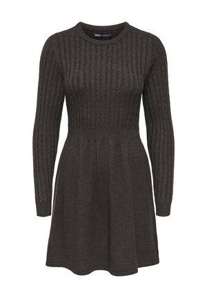 Robe tricotée marron foncé à manches longues, texture côtelée sur le dessus, jupe évasée et col rond.