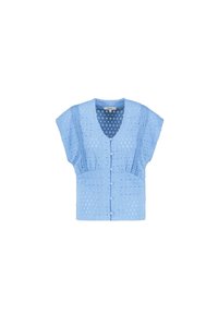 Blusa senza maniche azzurra chiara con scollatura a V, bottoni rivestiti in tessuto davanti e dettagli in pizzo a occhiello su tutto il tessuto.