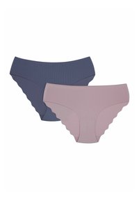 Zwei Paare Damenunterhosen in Marineblau und Hellrosa, mit gerippter Textur und gewellten Kanten.