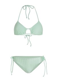 Mintgrønn bikini-sett med ribbestruktur. Toppen er trekantet med en nøkkelhull-detalle; bunnen har justerbare bånd på sidene.
