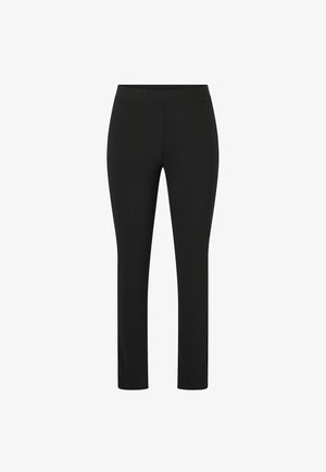 Black stretch pants with a sleek, fitted design. Features a high waistband and smooth texture, suitable for casual or active wear.