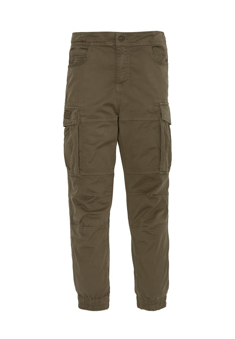 Pantalones cargo de color verde oliva, fabricados con material de algodón duradero. Cuentan con puños elásticos, múltiples bolsillos laterales y un diseño de pierna recta.