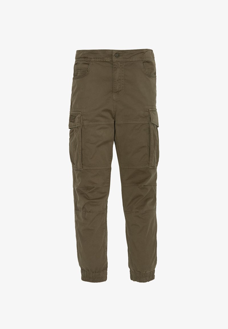 Pantalones cargo de color verde oliva, fabricados con material de algodón duradero. Cuentan con puños elásticos, múltiples bolsillos laterales y un diseño de pierna recta.