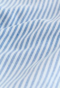 Tissu en coton avec des rayures fines alternées bleu et blanc, présentant une texture lisse et un tissage subtil, captant doucement la lumière.