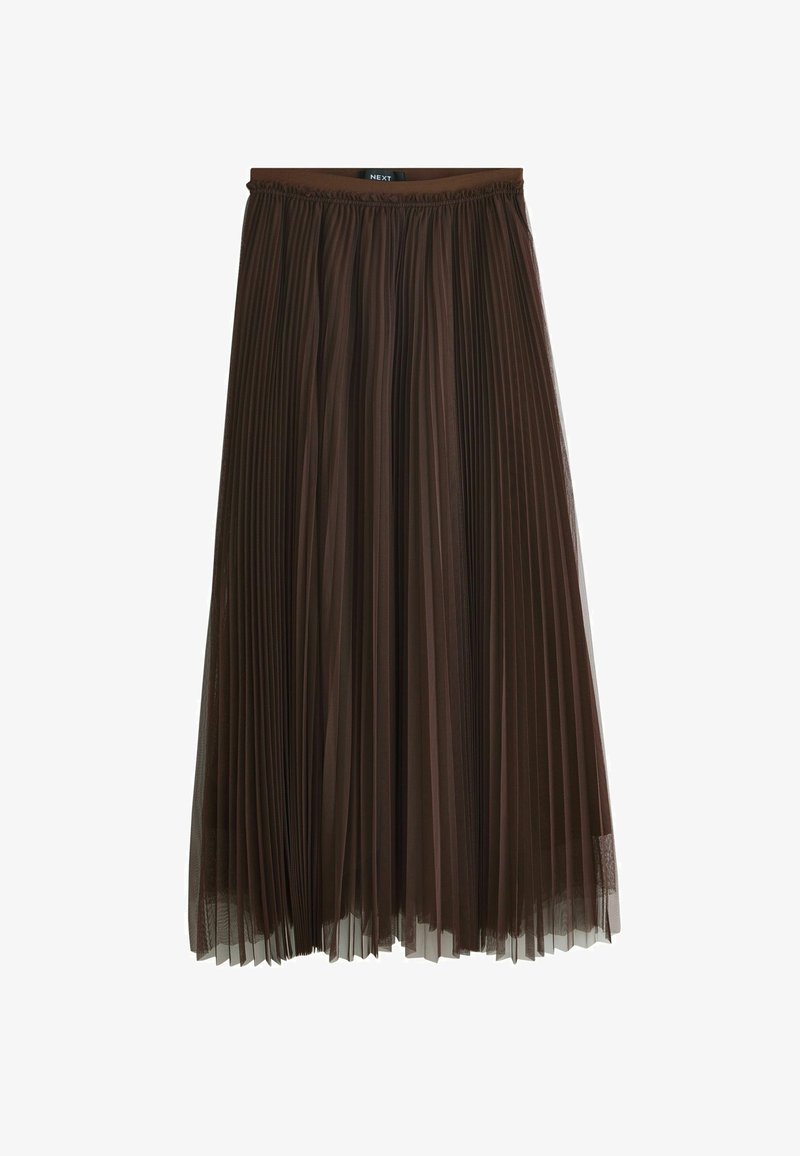 Jupe midi plissée marron en tissu léger et transparent, dotée d'une ceinture élastique et d'une silhouette fluide avec une texture superposée.