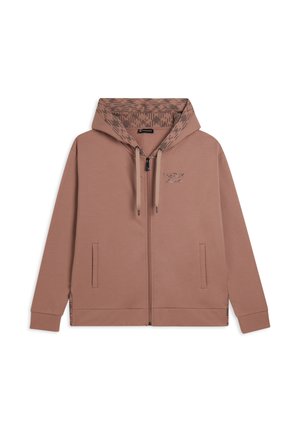 Felpa con zip color mauve, con cappuccio interno a fantasia, tasche frontali, coulisse e piccolo logo ricamato "FREDDY" sul petto.