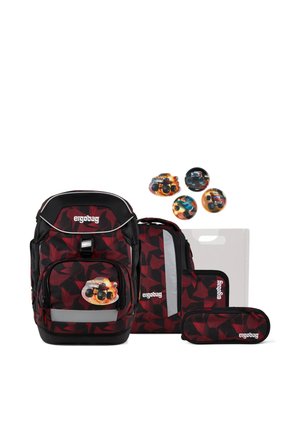 Red and black patterned backpack set with lunch bag, pencil case, folder, and four monster truck themed magnets or badges.