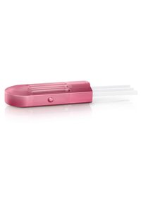 Outil capillaire en plastique, corps arrondi rose avec trois poils transparents. Présente une zone de prise texturée et un petit bouton sur le côté.