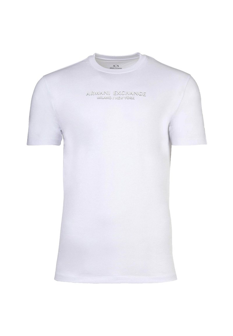 Biały bawełniany T-shirt z krótkimi rękawami, z wypukłym napisem "ARMANI EXCHANGE MILANO / NEW YORK" na przodzie. Klasyczny, okrągły dekolt.