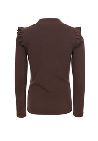 Bruine geribde lange mouw top met geplooide accenten op de schouders, een ronde halslijn en een getailleerde pasvorm.