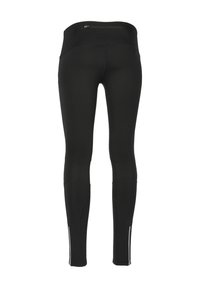 Sorte leggings med høj talje, der har en lynlåslomme, tekstureret mesh-detalje ved de nederste ben og reflekterende accenter.