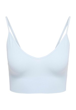 Light blue ribbed crop top with thin double shoulder straps and a V-neckline.
