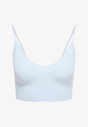 Light blue ribbed crop top with thin double shoulder straps and a V-neckline.