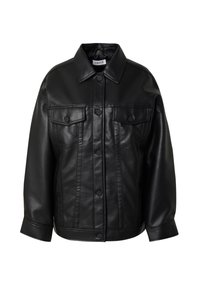 Schwarze Lederjacke mit einer Knopfleiste, zwei Brusttaschen und einem klassischen Kragen. Hat eine lässige Passform und eine glatte Textur.