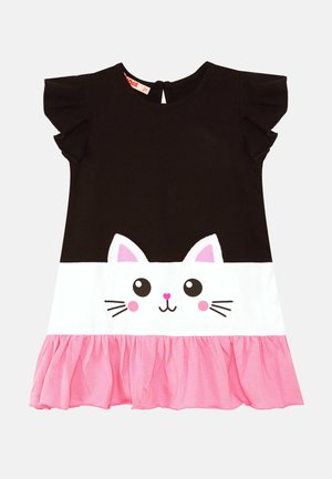 Black short-sleeve dress with frill accents, featuring a white ruffled hem and a cat face graphic, including pink ears and whiskers.