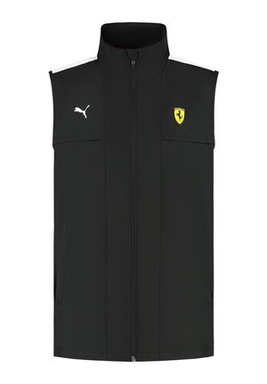 Czarna bezrękawnik z wysokim kołnierzem, zamek z przodu, dwie boczne kieszenie, białe paski na ramionach, z logo Pumy i odznaką Ferrari.