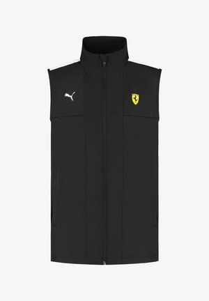 Czarna bezrękawnik z wysokim kołnierzem, zamek z przodu, dwie boczne kieszenie, białe paski na ramionach, z logo Pumy i odznaką Ferrari.