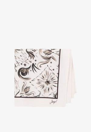 Gefalteter weißer Schal mit schwarzen und grauen Blumen- und Rankenmustern, gesäumten Kanten und "Joop!"-Signatur in der unteren Ecke.