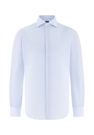 Light blue long-sleeve men's dress shirt with pointed collar and white buttons down the front.