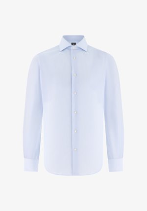 Light blue long-sleeve men's dress shirt with pointed collar and white buttons down the front.