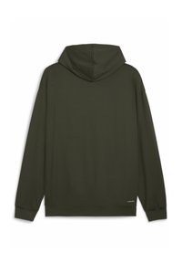 Olivgrüner Kapuzenpullover mit Kordelzug, langen Ärmeln und gerippten Bündchen. Der Stoff wirkt weich mit einem sauberen Finish und minimalem Branding am Saum.